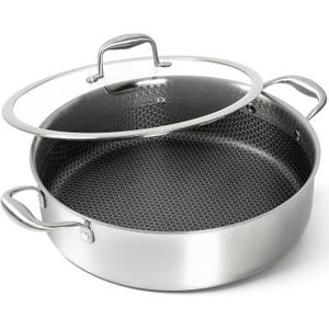 MICHELANGELO Tri-ply Stainless Steel Saute Pan 6 Quart, Deep Frying Pan with Lid, 18/10 Large Saute Pan with Nonstick Honeycomb Interior, Induction Compatible & Oven Safe - 12.5 Inch