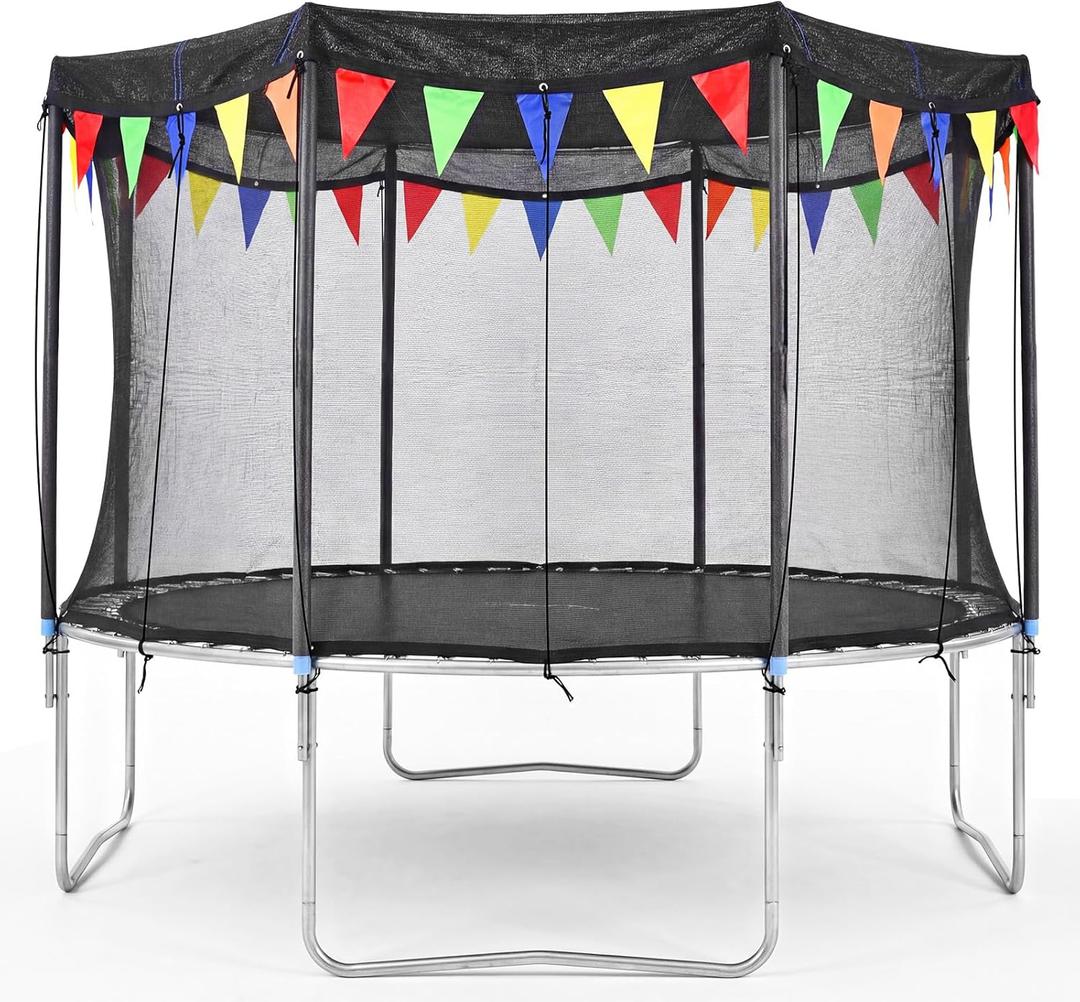 2026 Upgraded Round Trampoline Shade Cover, 4Lbs Heavy Duty Cover Accessories for 8 10 12 14 15 16FT Trampoline for Sun Protection, Sun Shade with Colorful Flag and 98FT Elastic Cord, Non Tears Easily