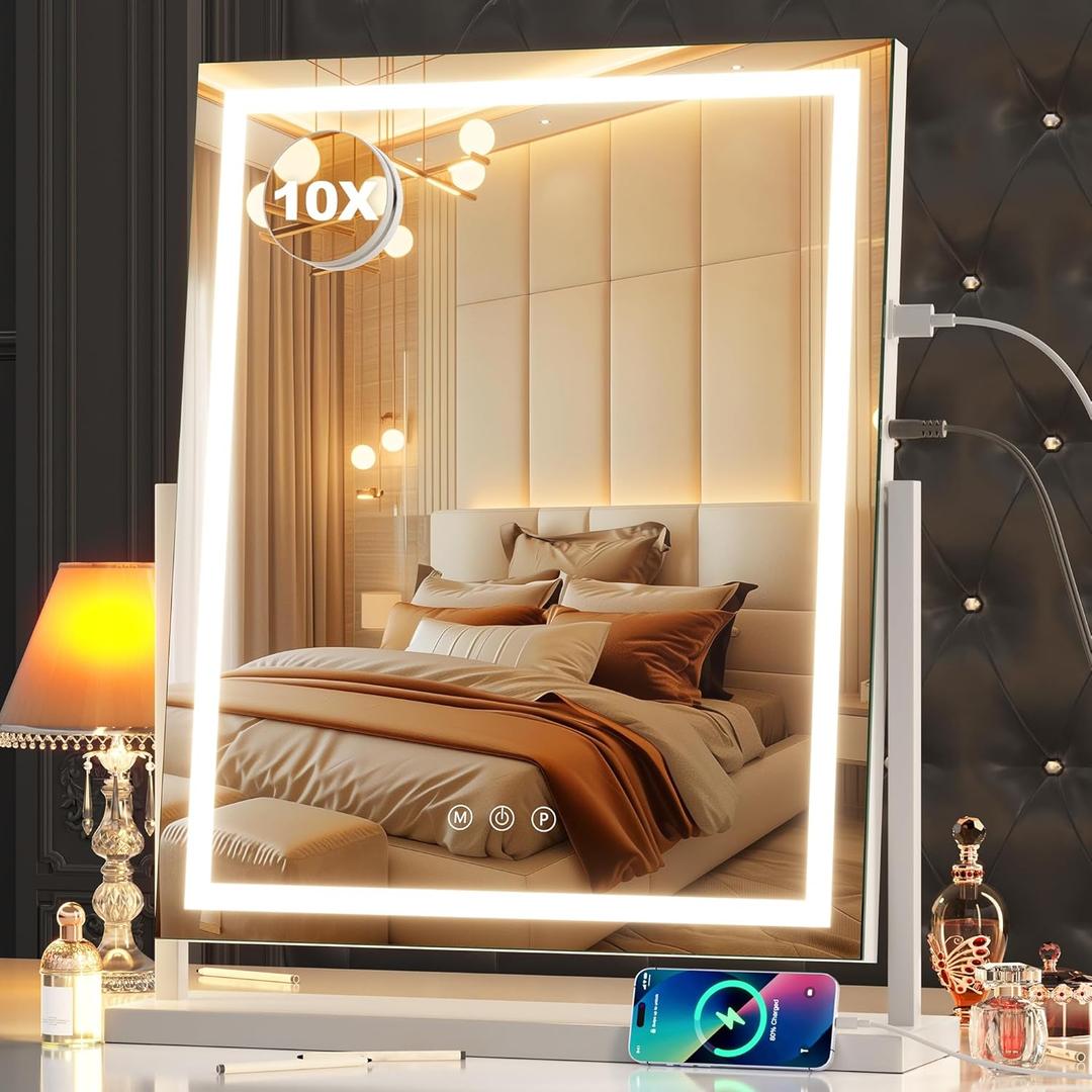 Hasipu Large LED Vanity Mirror 17"x22" - Makeup Mirror with 10X Magnification, Smart Touch 3-Color Lighting & Dimmable Control (White)