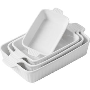 Casserole Dishes for Oven, Ceramic Baking Dishes, Porcelain Bakeware Set of 4, Rectangular Baking Pan, White Deep Lasagna Pan with Handle for Cooking, Roasting, Cake, 15.3"/12.8"/11.6"/9.8"