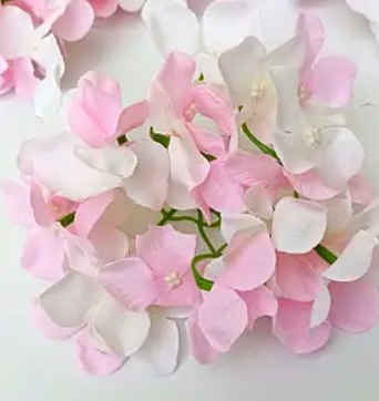 65PCS Creamy Ivory White and Pink Artificial Hydrangea Flowers Bulk with Stems, Silk Faux Hydrangea Heads for Vintage Wedding