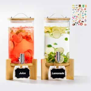 1.2 Gallon Large Glass Drink Dispenser For Parties, Beverage Dispenser with Bamboo Wood Stand and Stainless Steel Spigot, Juice, Lemonade, Water jug dispenser, Laundry Detergent Dispenser (2 PACK)
