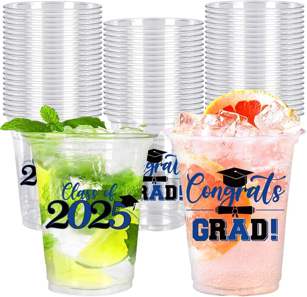 Whaline 50Pcs 12oz Graduation Disposable Cup Class of 2025 Plastic Party Cup Black Blue Congrats Grad Clear Glasses for Drink Party Tableware Decor Supplies