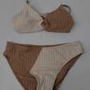 OYOANGLE Girl's 2 Piece Colorblock Ring Linked Bikini Swimsuit Ribbed Knit Bathing Suit (9 Years, Apricot Khaki)