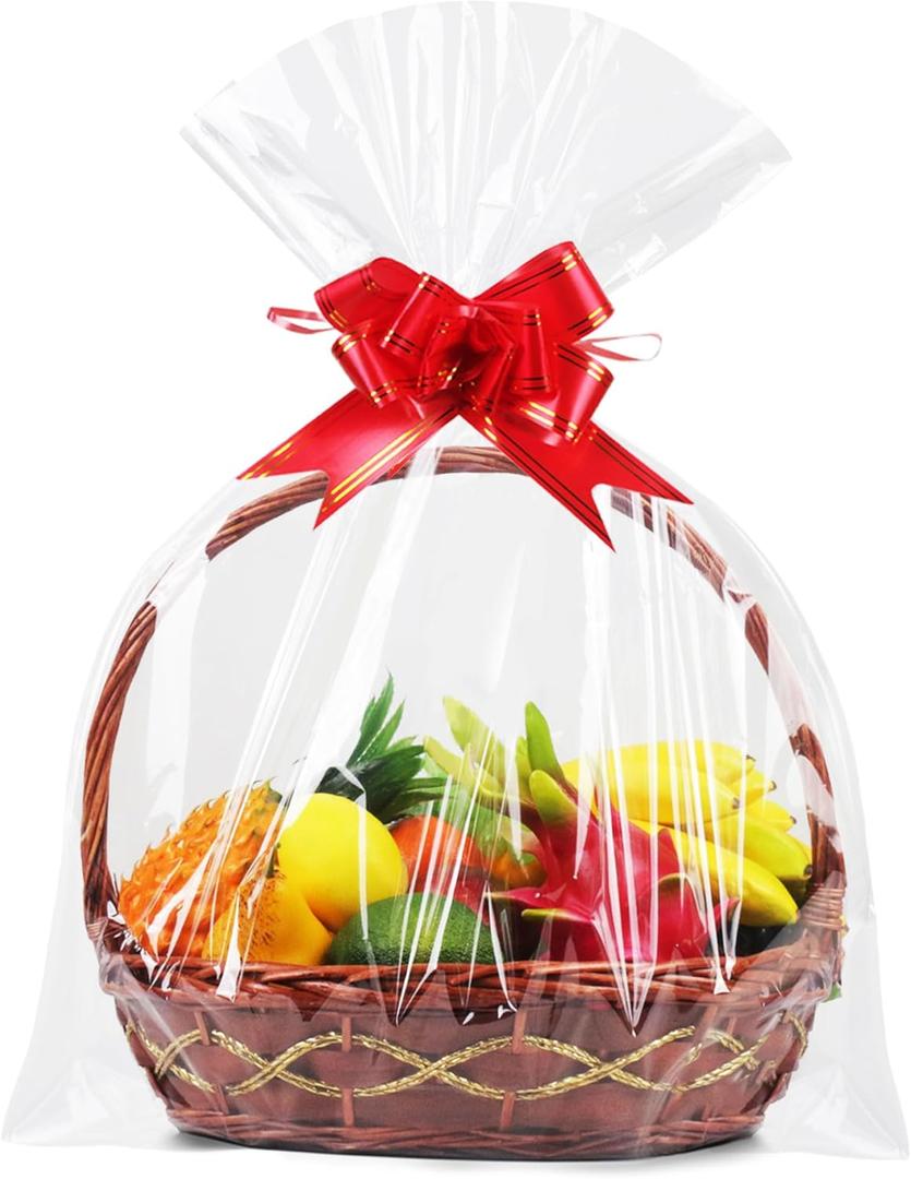 JOYIT 10 Pack Large Cellophane Bags - 3 Mil Thicker Clear Wrap with Strings for Gift Baskets, Opalion Bags with Red Ribbons