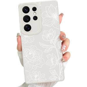 for Samsung Galaxy S25 Ultra case Silicone White Floral Lotus Cute Pattern Case，Camera Protection Soft Slim Phone Case for Girls Women - White