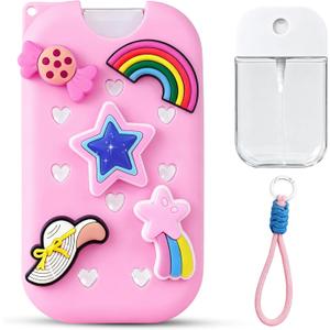 Refillable Spray Bottle 1.5oz (45ml) with Silicone Protective Case, Keychain Strap & Charms, Travel Size Hand Sanitizer Spray Container, Compatible with 45ml Flat Spray Bottles(pink)