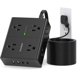 10Ft Extension Cord with Multiple Outlets, Flat Plug Power Strip Surge Protector 10 Ft Long Cord, 8 Outlet 4 USB Ports (2 USB C), Multi Outlet Wall Plug for Office, College, Dorm Room Essentials