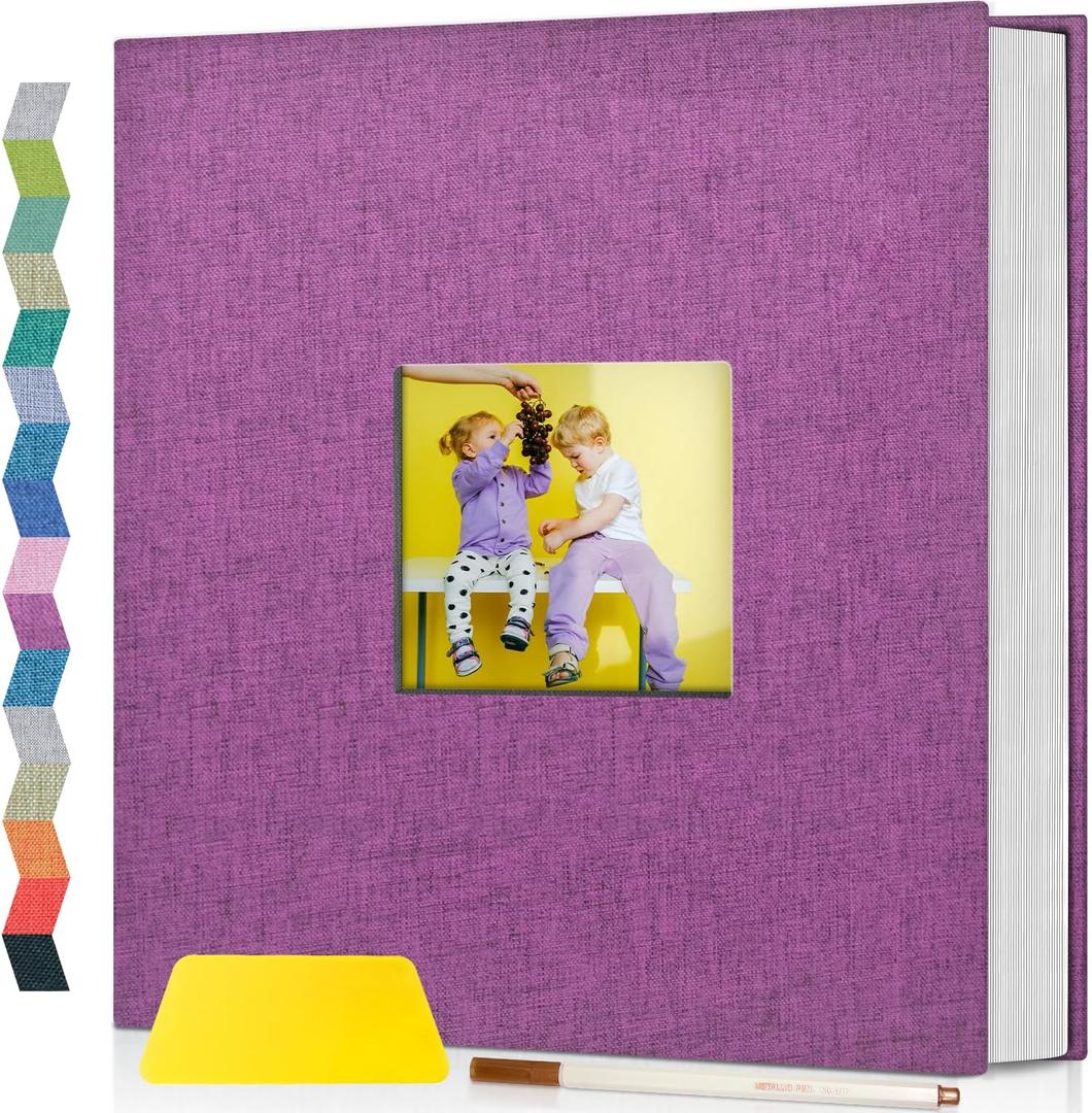 Popotop Photo Album Self Adhesive with Picture Display Window,60 Pages DIY Scrapbooking Supplies Kit for 4x6 10x12 Picture,Linen Cover Memory Book for Baby Wedding, with Scraper and Metallic Pen (Dark purple)