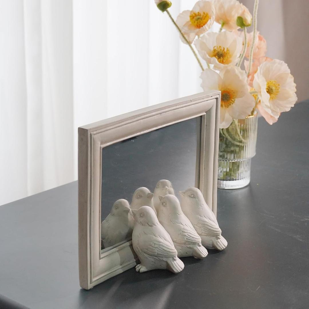 Cynkeyee Bird Decor Table Decoration - Console Table Centerpieces Decorative Square Shaped Makeup Mirror Small Tabletop Mirror for Farmhouse Vintage Vanity Mantel Shelf Bedroom 8.25x2.25x6 Inch