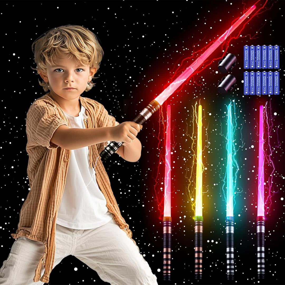 SANCO Light Up Sabers for Kids - 4 Pack 7 Colors Retractable Power Sword with FX Sound(Motion Sensitive), Glowing Toys for Halloween Cosplay Parties, Christmas Birthday Gifts for Boys & Girls