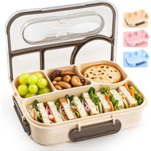EASYFUN Bento Box Adult, Lunch Box, 4-Compartment Lunch Containers, Drop-Proof, Dishwasher Safe & Made with BPA-Free Materials(Khaki) (cream-colored)