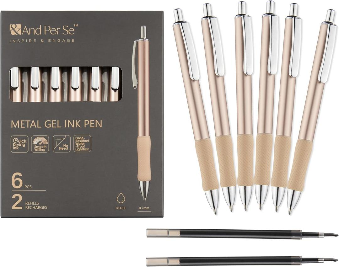 2 x &And Per Se Premium Champagne Gold Metal Gel Pens, 6 Pack with 2 Extra Refills, 0.7mm Medium Point Black Ink Quick-Dry No-Smudge Luxury Writing Pens for Office, Executive Gifts, Weddings Occasions