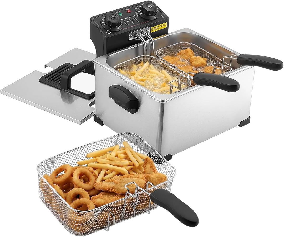 VEVOR Commercial Electric Deep Fryer, 9.51 Qt, 1700W Stainless Steel Countertop Fryer with Large & Small Baskets, Overheat Protection, Temp Control, Timer, Detachable for Home Restaurant Use, Silver