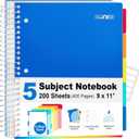 SUNEE 5 Subject Notebook College Ruled - 400 Pages, 9"x11", 5 Pocket Colored Dividers, 3-Hole Punched Paper, Blue