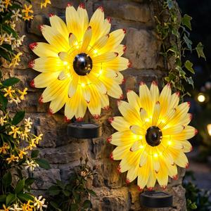 2 Pack Solar Sunflower Lights LED 9.8" Metal Sunflower Outdoor Wall Decor