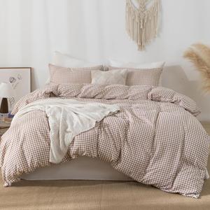 Tan Gingham Duvet Cover Bedding Set Prewashed Extra Soft Comfy Breathable 3 Piece Brown Plaid Checkered Grid Vintage Comforter Cover Set Cute Aesthetic (Queen 90"x90", No Comforter)