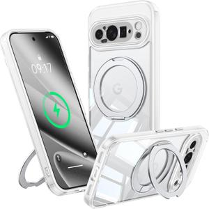 360Spin Magnetic Stand Case for Pixel 10 Pro XLFit for MagSafe & Pixelsnap Cover with Ring HolderCrystal Clear Camera Protection Phone Google 10 Pro XL Cases - Clear