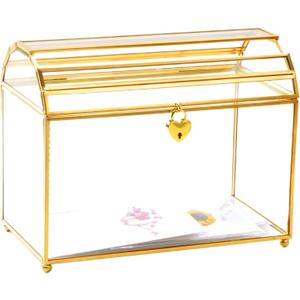 Wedding Gift Card Box with Lock and Slot, Golden Glass Box for Ballot/Donation/Raffle/Reception, Upgraded Security Lock, 10x7.7x5.5 inch