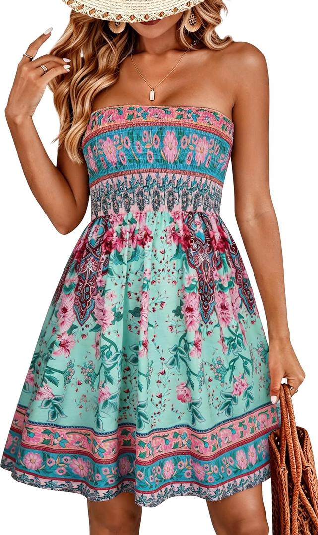 Summer Dresses for Women Strapless Sundress Floral Print Beach Cover Ups | Womens daily casual dresses, Cute hawaiian beach vacation outfits, Trendy boho tube top sun dress (Pink, L)