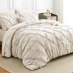 Pintuck Bed in a Bag, 7 Pieces King Size Comforter Set Beige, Luxury Pinch Pleat Bed in a Bag, Soft All Season Bedding Sets with Comforter, Flat Sheet, Fitted Sheet and Pillowcases & Shams