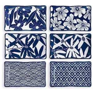 ONEMORE Rectangular Serving Plates Set of 6-7.5 inch Ceramic Blue and White Appetizer Plates - Microwave, Oven & Dishwasher Safe, Classic Style, Sturdy, Scratch Resistant - Vintage Blue