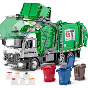 Garbage Truck Toys Metal Cab, Realistic Trash Truck Toys for Boys Kids with Lights and Sounds, Friction Powered Recycling Vehicles, Front Loader with Dumpster, 4 Trash Bins, 12"