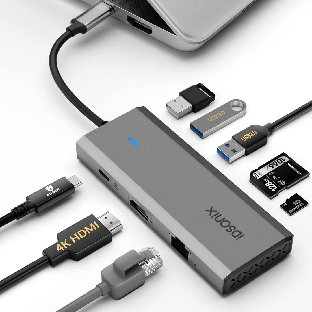 iDsonix Laptop Docking Station, 8 in 1 USB C Hub with 4K@60Hz HDMI, 100W PD, 5 X USB 3.0, Gigabit Ethernet, SD/TF, USB C Dock for MacBook Pro/Air/Dell/Hp/Lenovo