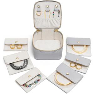 Popvibe Small Jewelry Travel Case for Women Mini Jewelry Box Organzier Traveling with 6 Jewelry Pouch Small Jewelry Bags, Leather Travel Size Jewelry Organizer Bag for Earrings Necklace, Blue Gray