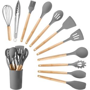 Silicone Cooking Utensils Set, 12Pcs Large Heat Resistant Kitchen Utensils, Turner Tongs, Spatula, Spoon, Wooden Handle Kitchen Gadgets with Holder for Nonstick Cookware, Dishwasher Safe (Grey)