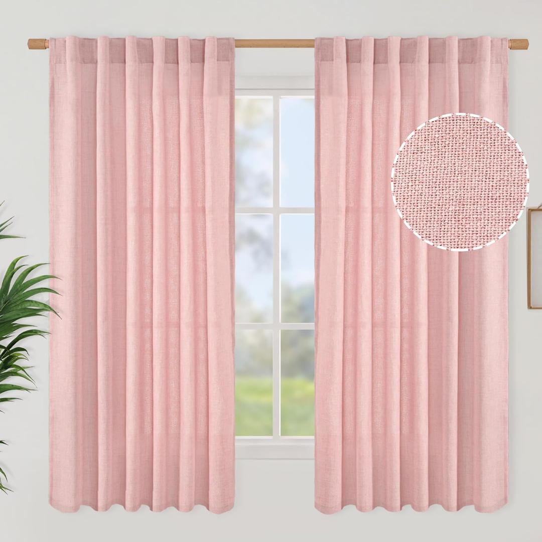 BGment Light Pink Linen Curtains 63 Inch Length 2 Panels - Semi Sheer Textured Rod Pocket Light Filtering Drapes Privacy for Girl Bedroom Living Room Decorative Back Tab, 52 Inch Wide Each Panel