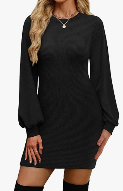 OFEEFAN Sweater Dresses for Women 2025 Fall Winter Puff Long Sleeve Crewneck Bodycon Fleece Ribbed Pullover Fashion Clothing, Black, XXL