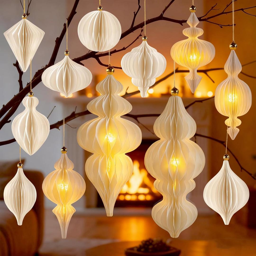 Large Paper Christmas Party Decorations, 12Pcs White Honeycomb Paper Hanging Ornaments for Christmas Trees, 3D Light Up Finial Honeycomb Lantern Ornaments for Xmas Tree Winter Wonderland Party Decor