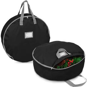 Primode Christmas Wreath Storage Bag 36" - 2 Pack Artificial Wreath Container - Garland Holiday Xmas Wreaths Holder - Sturdy Handles - Inner Straps - Card Slot Zipper Strong Oxford (36 Inch, Black)