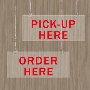 Order Here Sign 2PK Acrylic Hanging Order & Pick-Up Here Signs, 13.5" x 6" Frosted Back, Includes 4 Hooks, Durable Counter Signs for Café, Bakery, Restaurant, Pickup Station (Red Text)