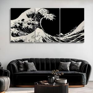 Tawinone The Great Wave off Kanagawa Canvas Wall Art, Hokusai Canvas Wall Art, Japanese Waves Wall Decor, Black And White Waves Wall Decor for Living Room, Bedroom, Office (16" x 24" x 3 pcs)