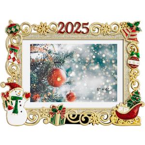 Christmas Snowflake 4x6 Picture Frame Christmas Metal Display Photo Frames with Red Rhinestone High Definition Glass Front Gift Ideas Tabletop Home Decorative (2025 Snowman, Golden)