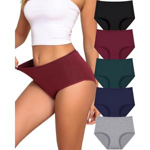 UNDER THE SEA Cotton Underwear for Women High Waisted Full Coverage Soft Briefs Plus Size Women's Panties XS-XXXL 5 Pack (Large, Black / Gray / Red / Green / Blue)