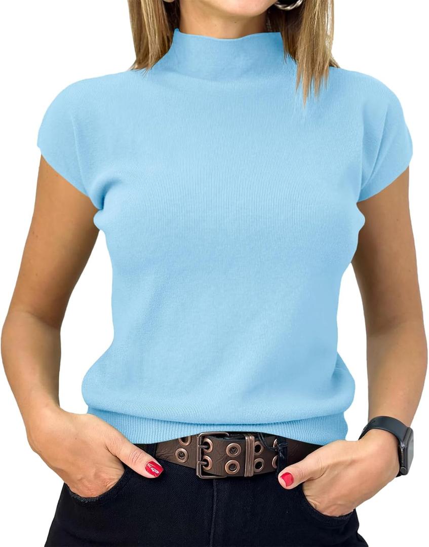 Saodimallsu Womens Short Sleeve Sweater Mock Neck Summer Casual Basic Knit Slim Fitted Pullover Tops Shirt (Blue)