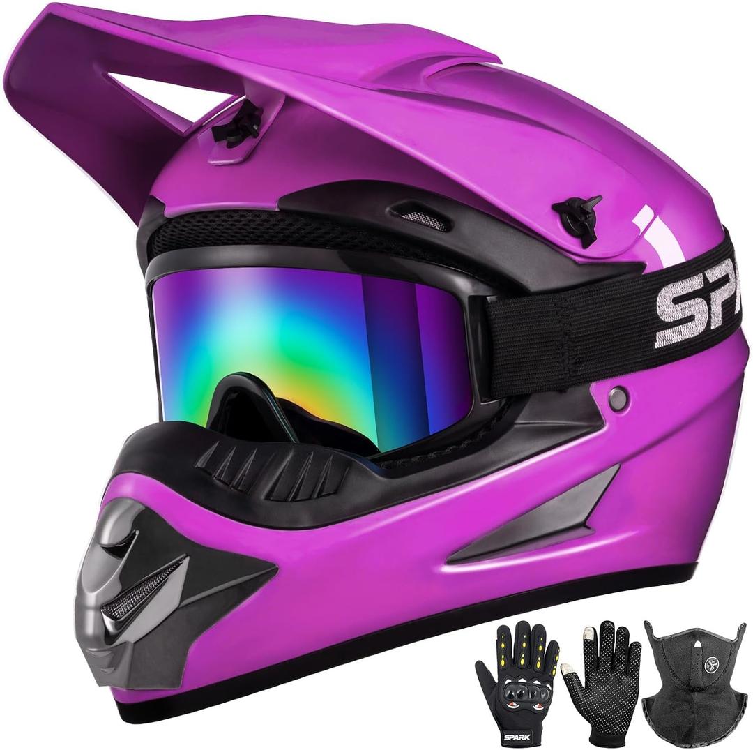 Youth Kids Dirt Bike Helmet DOT Approved Lightweight Motocross Helmet Set, Purple, Small