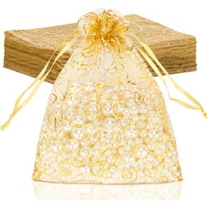 Staruby Organza Gift Bags 50 Pcs Gold Sheer Organza Bag 6x8 Inch Mesh Favor Bags Drawstring Jewelry Rattan Printed Gift Pouches for Wedding Party Favors Couple Shower Christmas Gifts Candy Bags