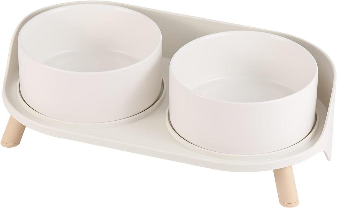 Elevated Ceramic Dog Bowl Set - Double Dog Feeding Bowls with Stand Splash Proof - Raised Dishes for Food and Water - Ideal for Small to Medium Dogs - 2 x 850 ml - 28.74 oz (White)