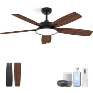 Roomratv 52 Inch Smart Ceiling Fan with Light,App Control,Ultra Silent Reversible DC Motor Fan Remote Control Compatible with Alexa Google homeblack