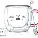 2 x Purple Cat Mug Cute Mugs Glass Double Wall Insulated Glass Espresso Cup, Kawaii Cup, Coffee Cup, Tea Cup, Milk Cup, Best gift for Office and Personal Birthday Christmas (Purple Cat)