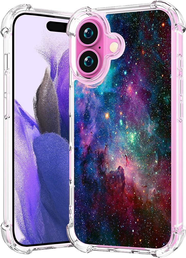 Compatible with iPhone 16 Plus Case Clear Cute for Women - Rugged Phone Cases Funda Protector Cover Skin (Pink Galaxy Universe)