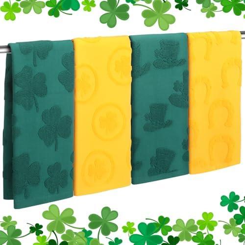 Hahafelt 4 Pack 3D St. Patrick's Day Hand Towels Shamrock Irish Hat Gold Coin Horseshoe Bathroom Hand Towels 100% Cotton Soft Absorbent St. Patrick's Day Gift for Home Bath Kitchen 13.8 x 29.5 Inch