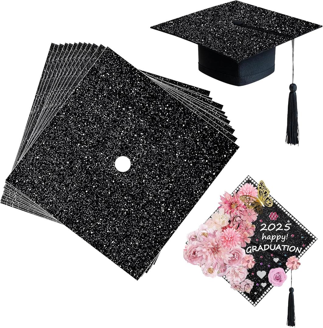 12 Sheets Black Glitter Cardstock DIY Grad Cap Decorations Glitter Construction Paper for Grad Caps with Double Sided Tape for Graduation Cap Decorations DIY Crafts Scrapbook Supplies, 9.8 x 9.8 Inch