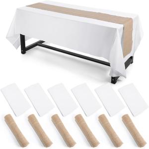 Oudain 12 Pack 12 x 108 Inch Burlap Table Runner with 6 Pack 54 x 108 Inch Plastic Table Cover Rustic Wedding Party Decoration Disposable Plastic Tablecloths for Wedding Graduation Birthday