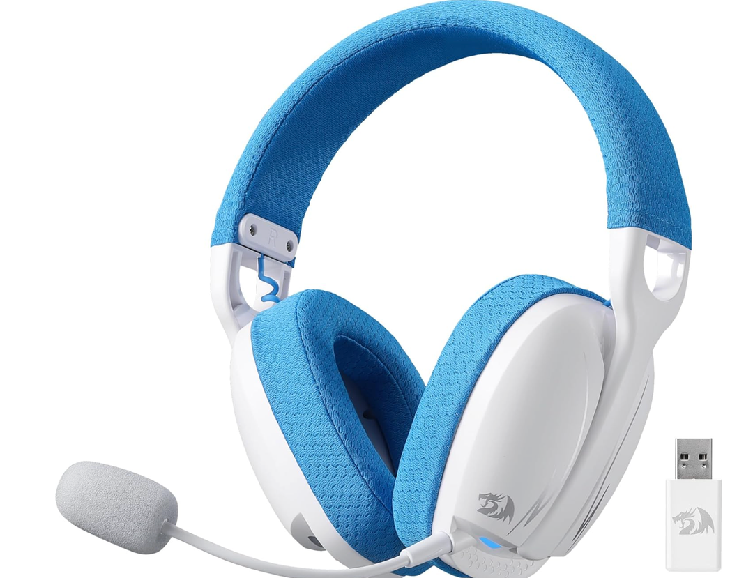 Redragon H878 3-Mode Wireless Blue Lighting Gaming Headset - Lightweight - 7.1 Surround Sound - 40MM Drivers - Detachable Microphone - Multi Platforms for PC, PS5/4/3, Switch, Mobile, White & Blue