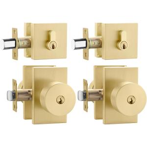Haidms Gold Exterior Door Lock Set with Deadbolt, Zinc Alloy Brushed Gold Front Door Knob with Lock, Heavy Duty Brushed Brass Deadbolt Lock and Door Knob Set with Lock and Key (2 Pack)